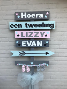 Geboortebord "Bern" Stoer tweeling Lizzy-Evan